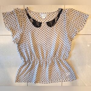 Anthropologie B Vintage polkadot short-sleeved sheer top with lace collar, small